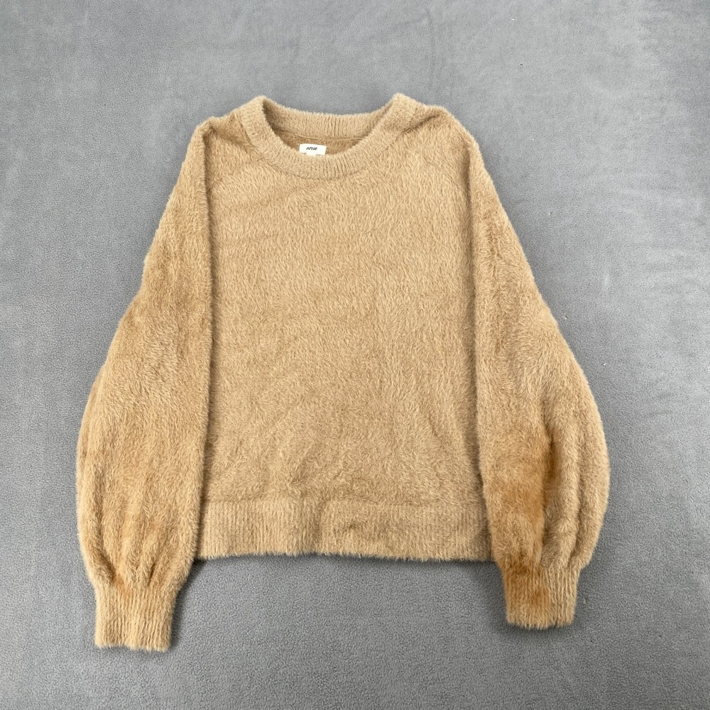 Aerie Fuzzy Eyelash Knit Sweater Camel Tan Balloon Sleeve Crewneck Pullover S